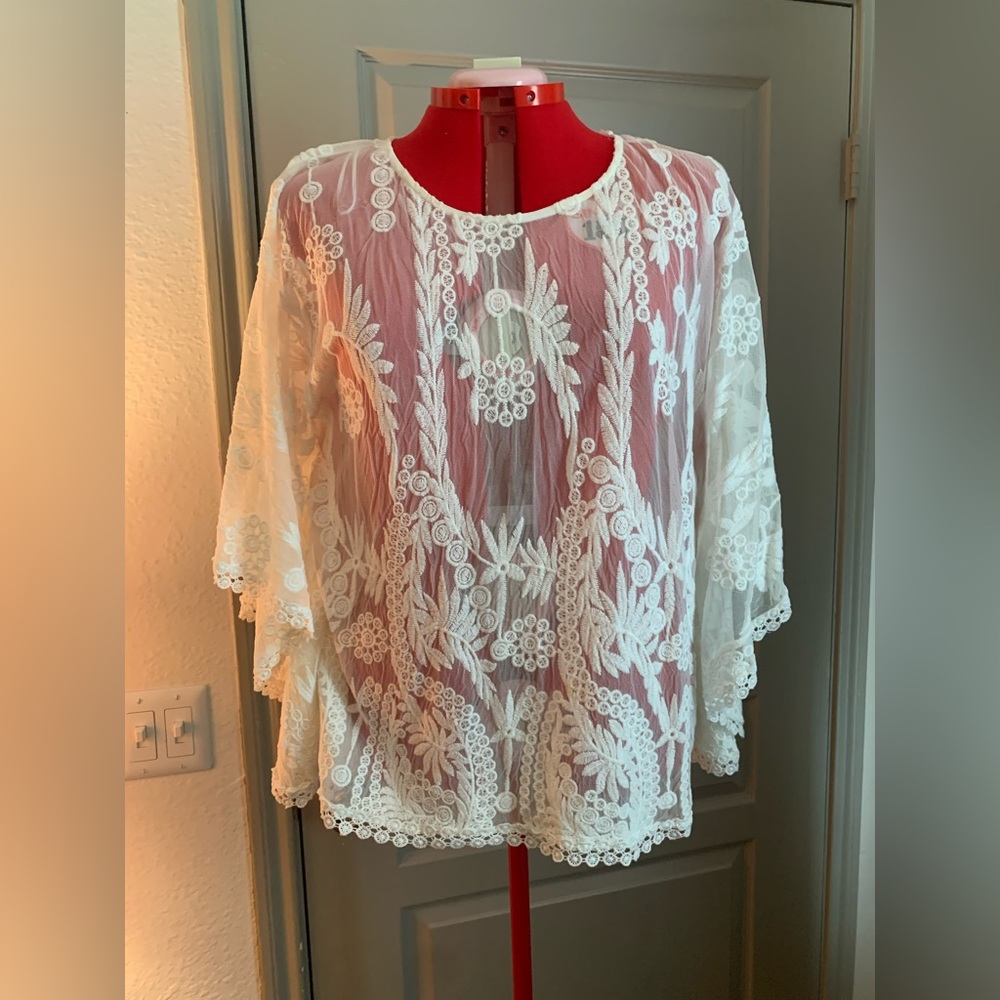 Lace overlay bat winged blouse